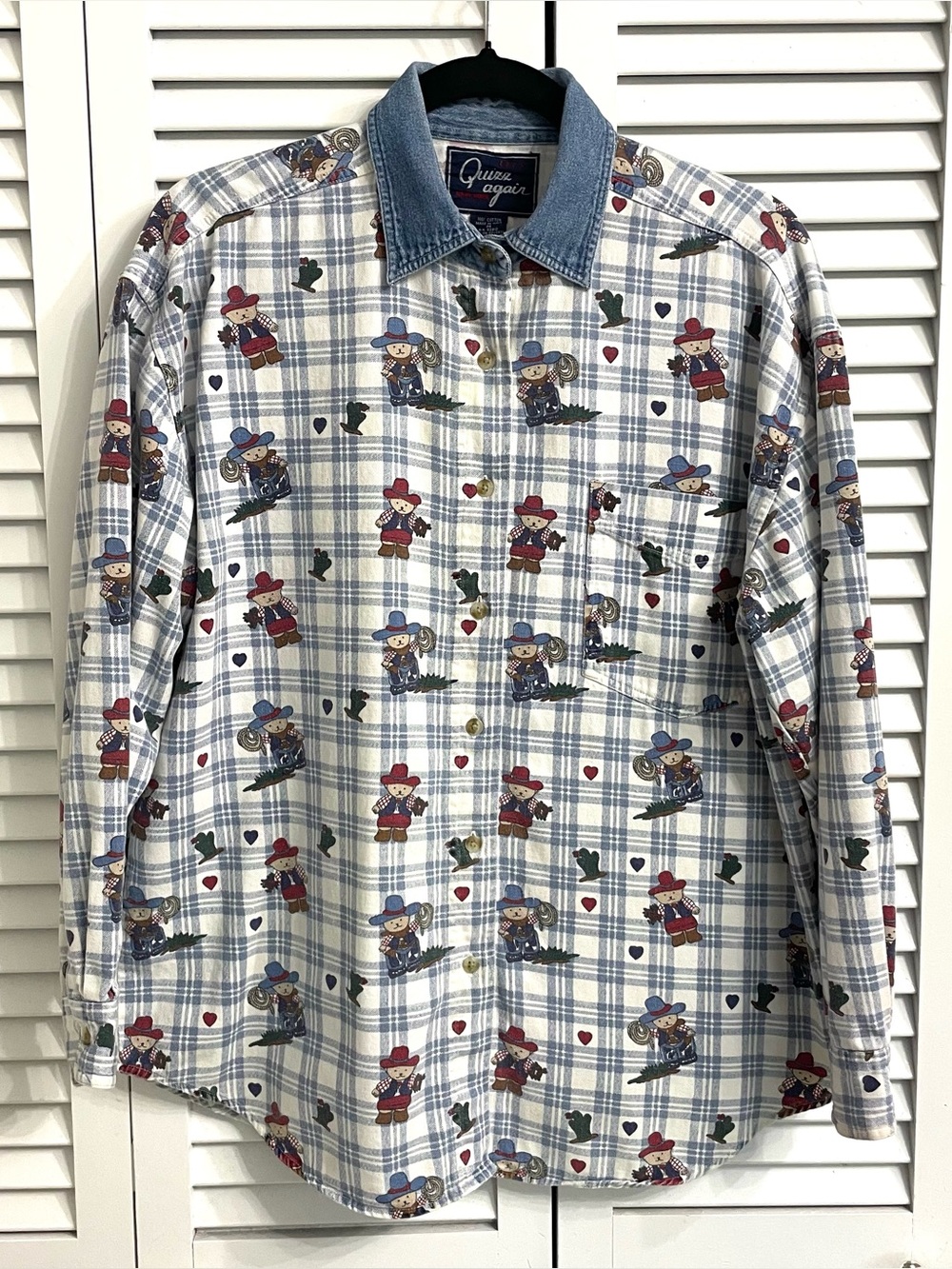 VTG 90s Quizz New York Womens Long Sleeve Button Up Shirt Teddy Bears Cowboys M